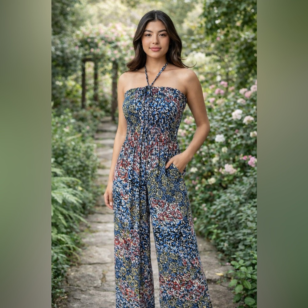Peachy Girl Floral Smocked Strapless Halter Wide Leg Jumpsuit Sz Small / Medium